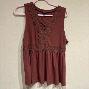 Lace Trim‎ Sleeveless Babydoll Textured V Neck Top in Mauve Size 1X